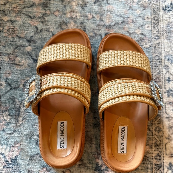 Steve Madden Shoes - Steve Madden Tan and Natural Woven Slide Sandals with Crystal Buckle